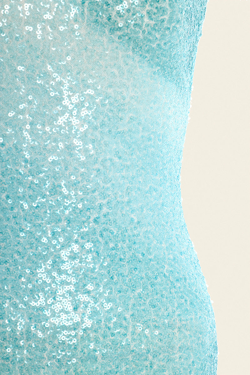Blue water-themed gown from IKINITA, featuring flowing fabric and elegant design. Perfect for formal occasions and evening wear.