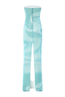 Blue water-themed gown by IKINITA featuring flowing fabric and elegant design, perfect for formal occasions.
