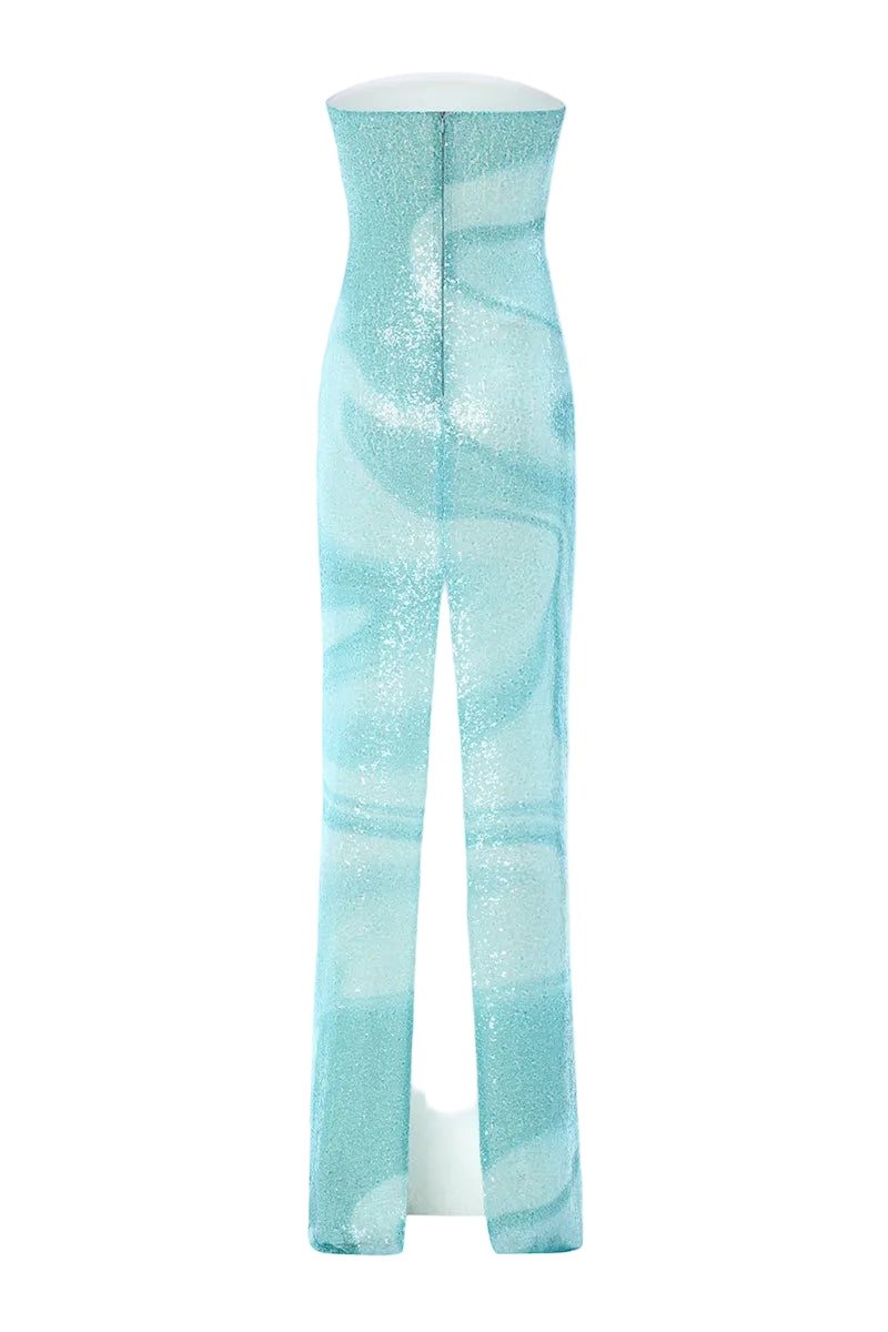 Blue water-themed gown by IKINITA featuring flowing fabric and elegant design, perfect for formal occasions.
