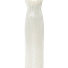 White Scylla dress by IKINITA, elegant gown with flowing fabric and detailed design, perfect for formal occasions.