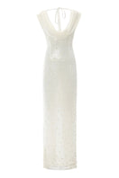 White Scylla dress by IKINITA, elegant gown with flowing fabric and detailed design, perfect for formal occasions.