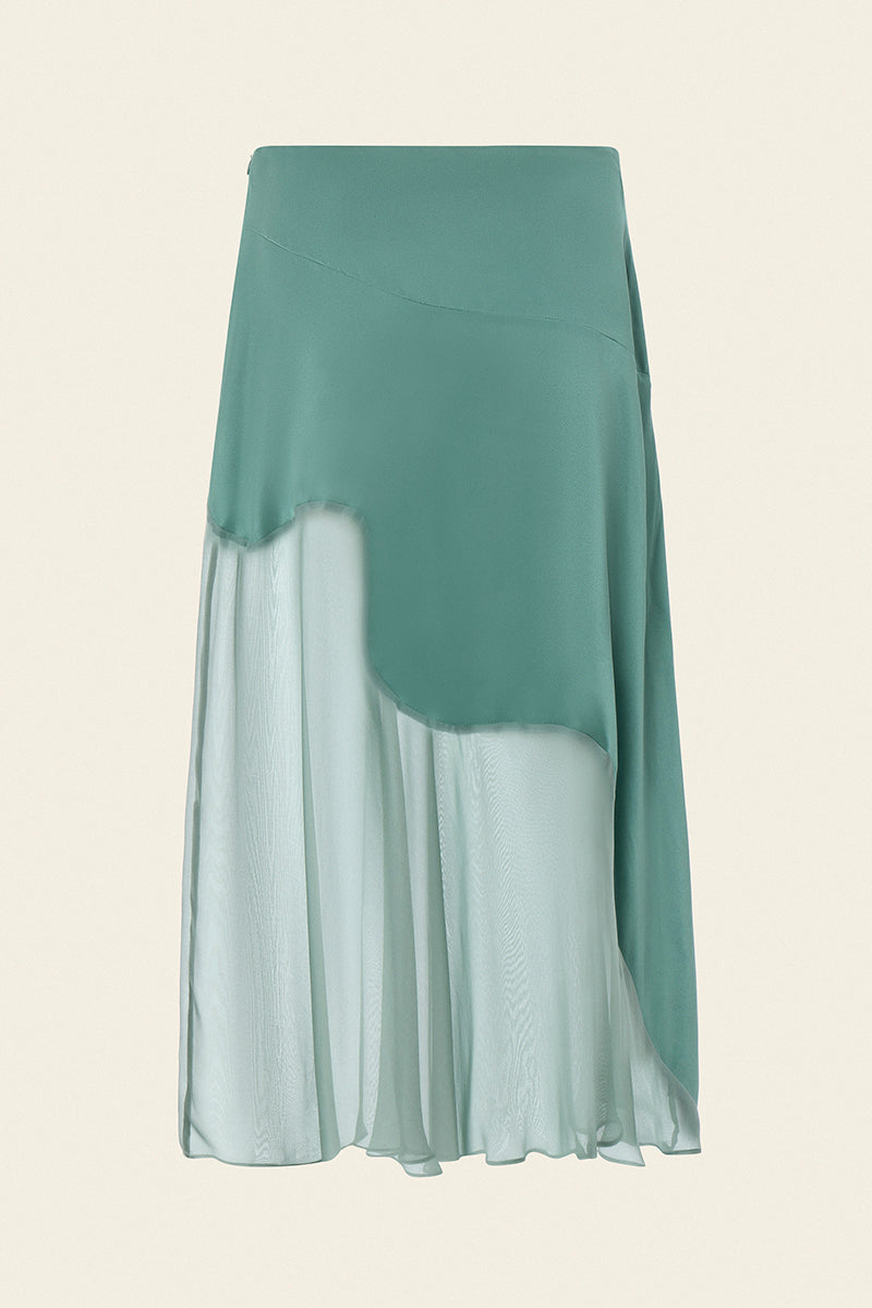Emerald green NAUSICA midi skirt by IKINITA featuring a flowing fabric and stylish design, displayed on a mannequin.