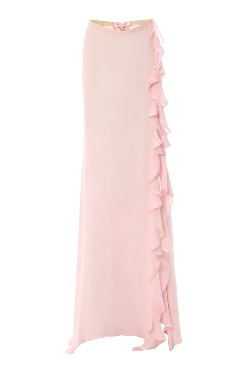 Pink Lotus Eater maxi skirt by IKINITA, flowing fabric with a stylish, elegant design perfect for casual or dressy outfits.