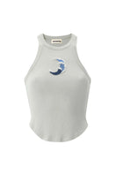 Blue WAVE TOP by IKINITA, stylish sleeveless tops with a flowing design, displayed on a hanger.