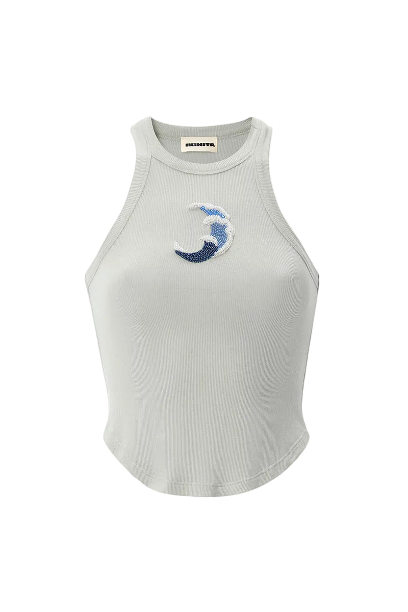 Blue WAVE TOP by IKINITA, stylish sleeveless tops with a flowing design, displayed on a hanger.