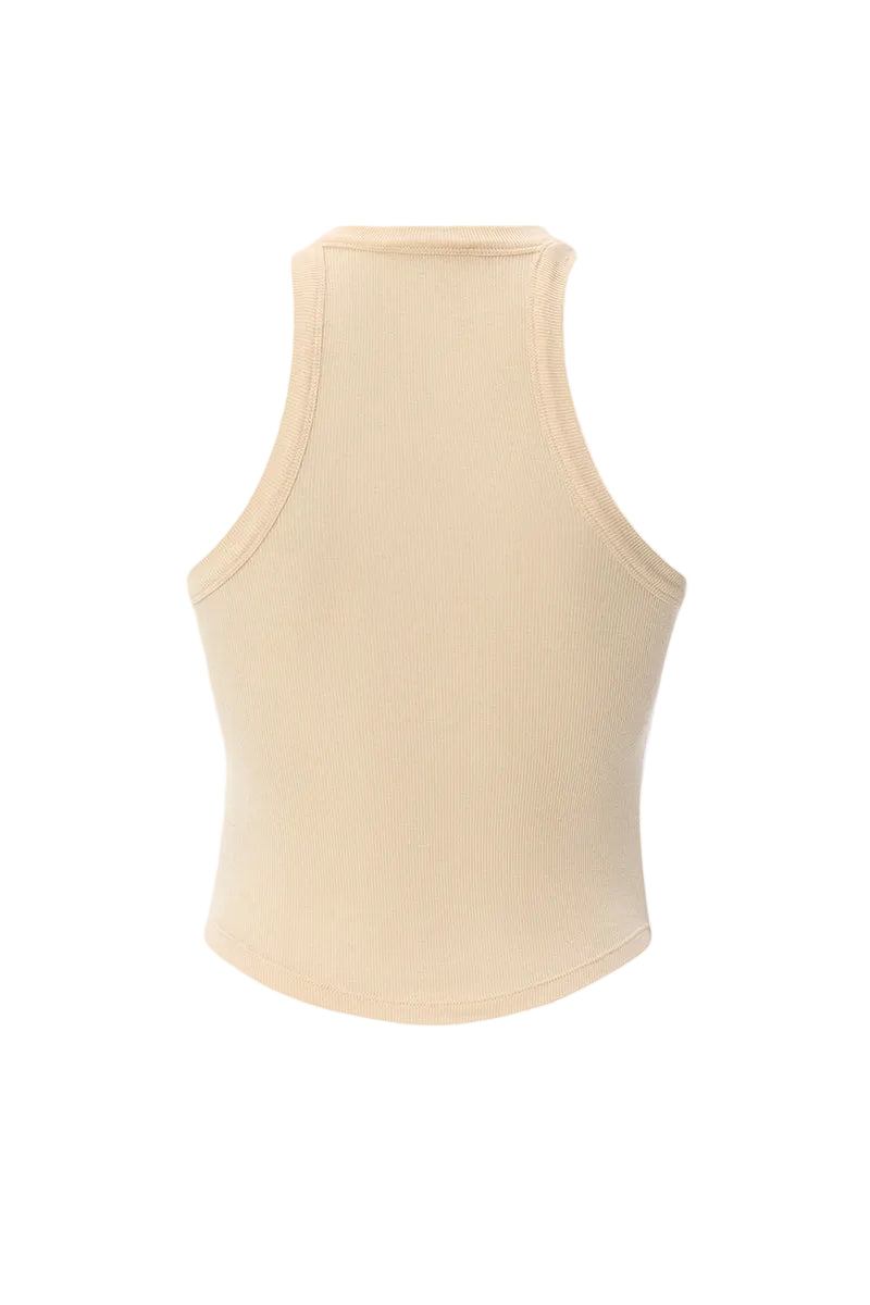 IKINITA WAVE Top in Sand, a stylish sleeveless blouse with wave design, lightweight fabric, perfect for casual or summer wear.