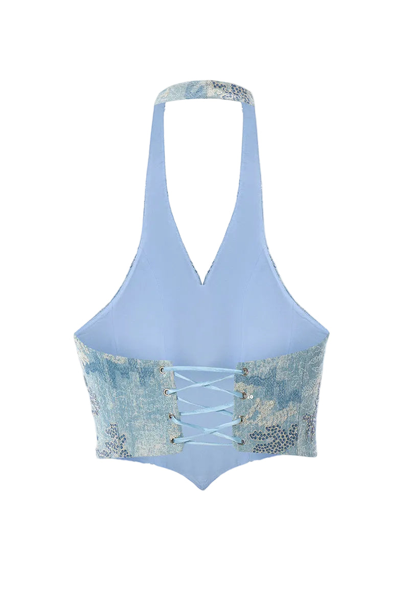 Blue IRIS top by IKINITA, stylish sleeveless blouse with a modern design, perfect for casual or chic outfits.