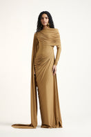 Deme By Gabriella Suze maxi dress in dark beige, flowing fabric with a relaxed fit, perfect for casual or elegant occasions.