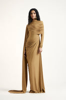 Deme By Gabriella Suze dark beige maxi dress with flowing fabric and elegant design, perfect for casual or formal occasions.