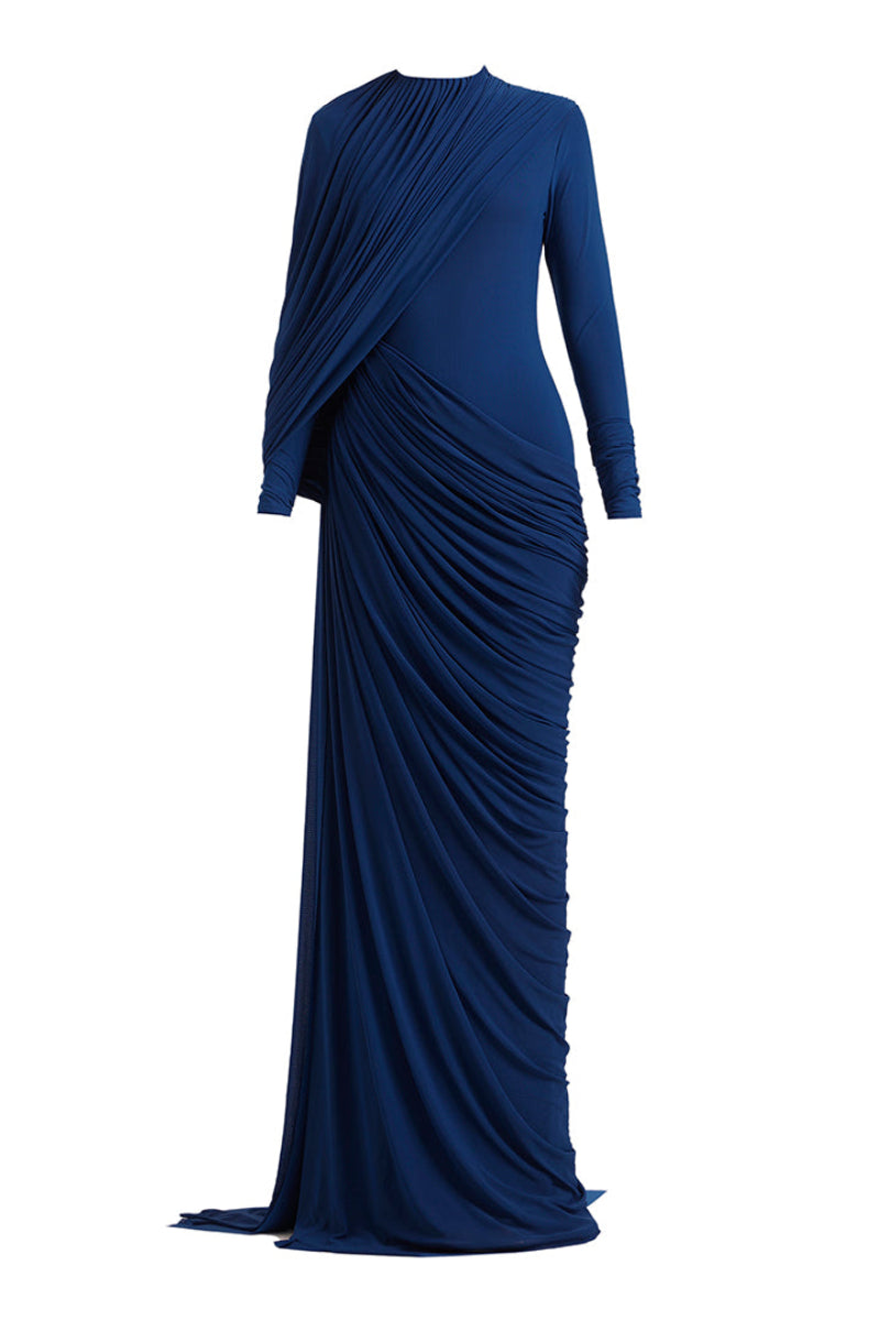 Deme By Gabriella Settle Dress gown with elegant fit and intricate detailing, shown on a mannequin.