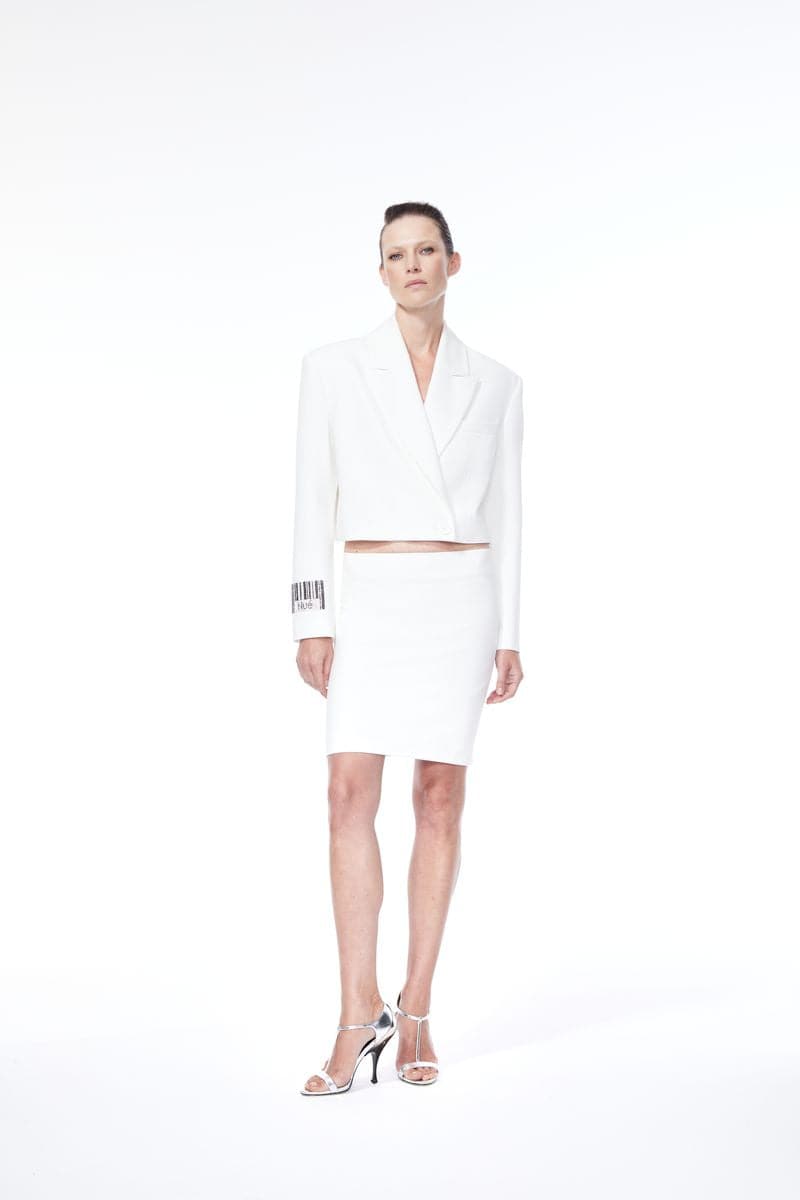 WHITE BARCODE CROPPED OVERSIZED BLAZER - CULT MIA