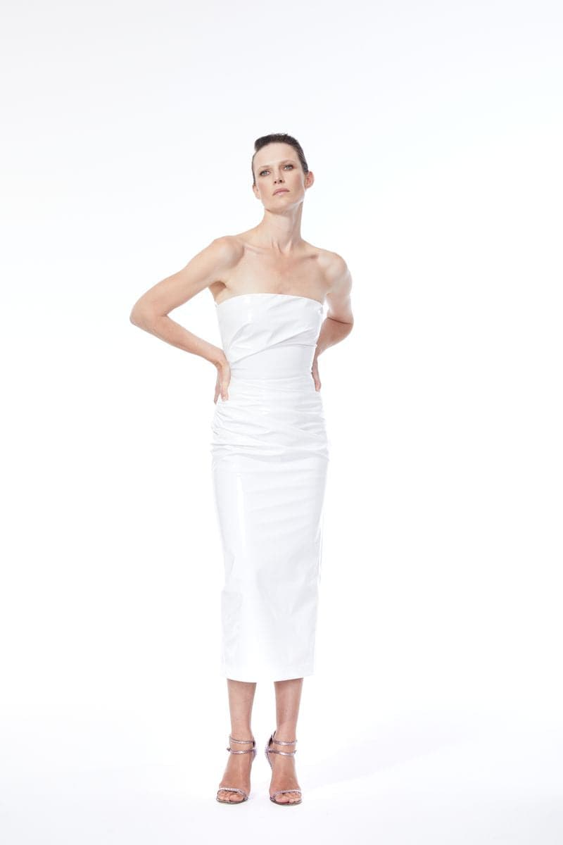DAKOTA WHITE PATENT FAUX LEATHER MIDI DRESS - CULT MIA