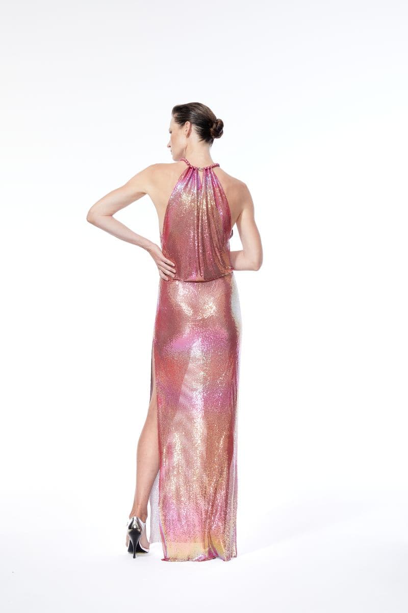 OLYMPIA PINK IRIDESCENT MESH MAXI DRESS - CULT MIA
