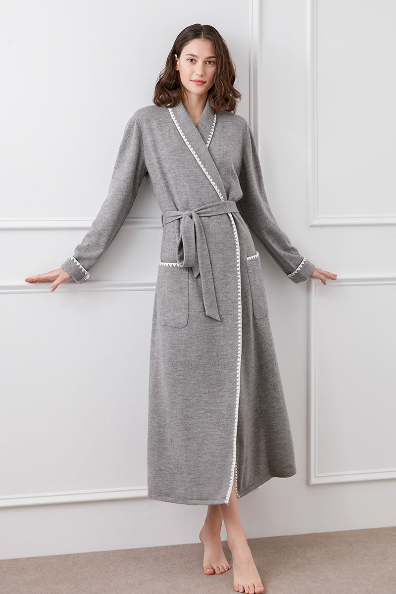 Gray Shell women's wool-silk knit robe by MANITO, shown draped on a model with cozy, soft fabric and relaxed fit.