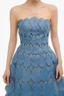 Blue 3D petal sculpture maxi gown by Happy Clothing, flowing fabric with intricate floral detailing and elegant design.