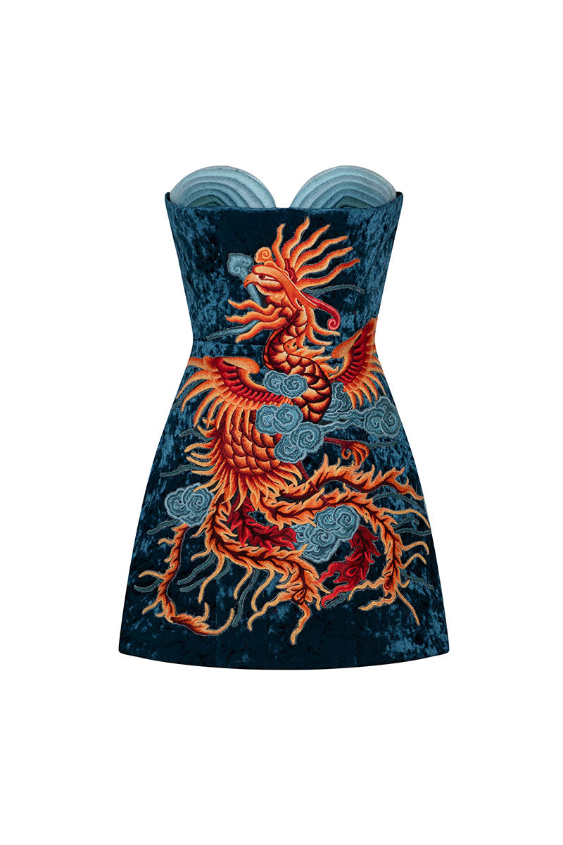 Le Thanh Hoa Azure Phoenix mini dress featuring vibrant blue fabric and intricate phoenix design, stylish for summer occasions.