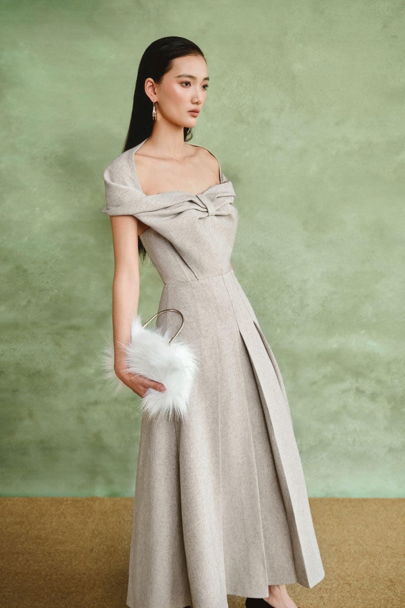 GRAY OFF-SHOULDER PLEATED DRESS | CULT MIA