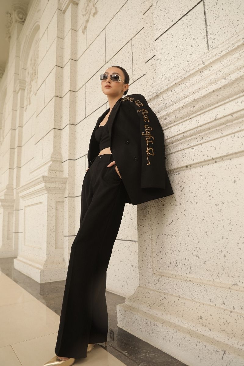 Black Erica texture attached jacket set by 21Six, stylish co-ord with textured fabric and modern design, shown in the image.