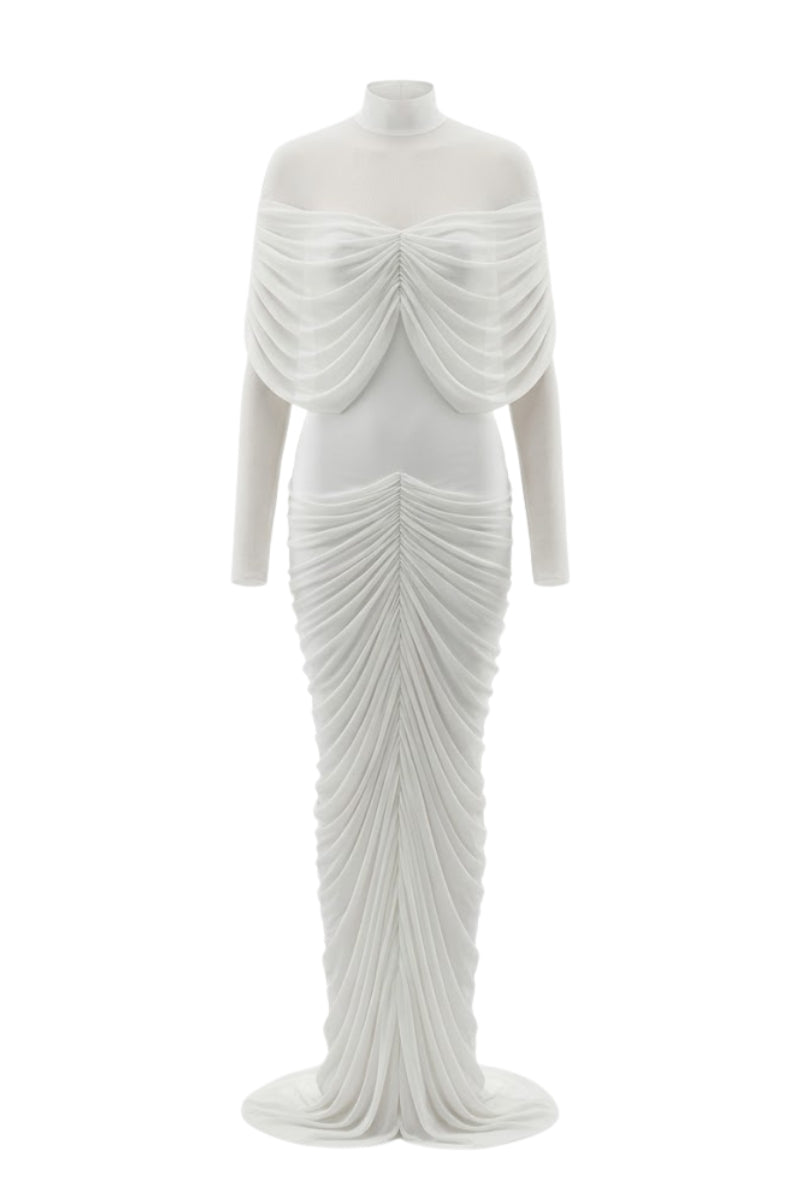 Elegant white gown from White Plan's BRILLIANT DRESS collection, featuring flowing fabric and a fitted silhouette.