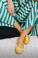 Flabelus ZUIHITSU yellow flats with matching yellow piping, stylish slip-on footwear for casual wear, shown on a neutral background.