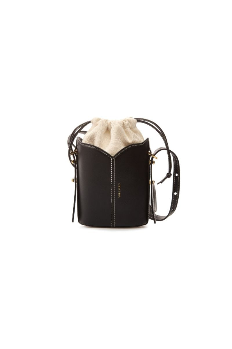 Black Vikele Studio Bucket Mini Bag with shoulder strap, compact and stylish for everyday use.