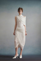 White Plan Lumière draped midi dress shown in image with flowing fabric and elegant design, perfect for stylish occasions.