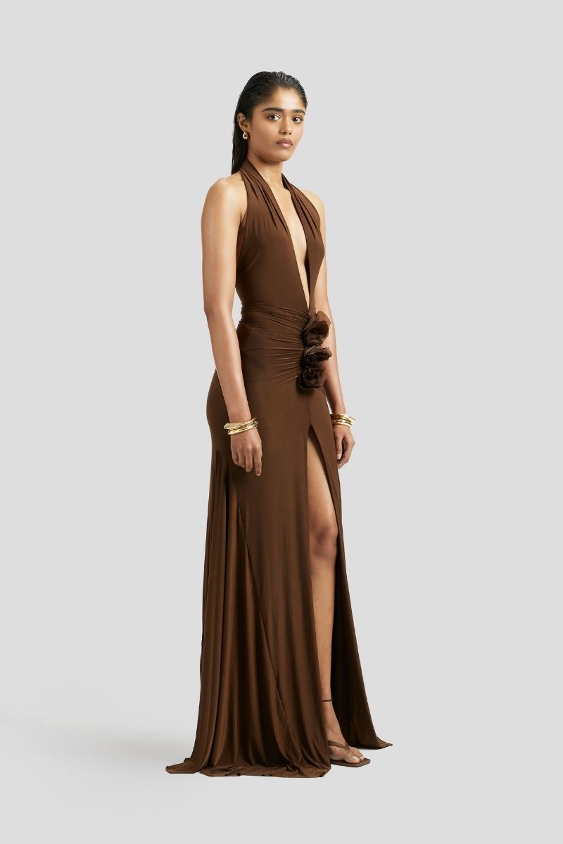 ELIDA MAXI DRESS IN CHOCOLATE BROWN - CULT MIA