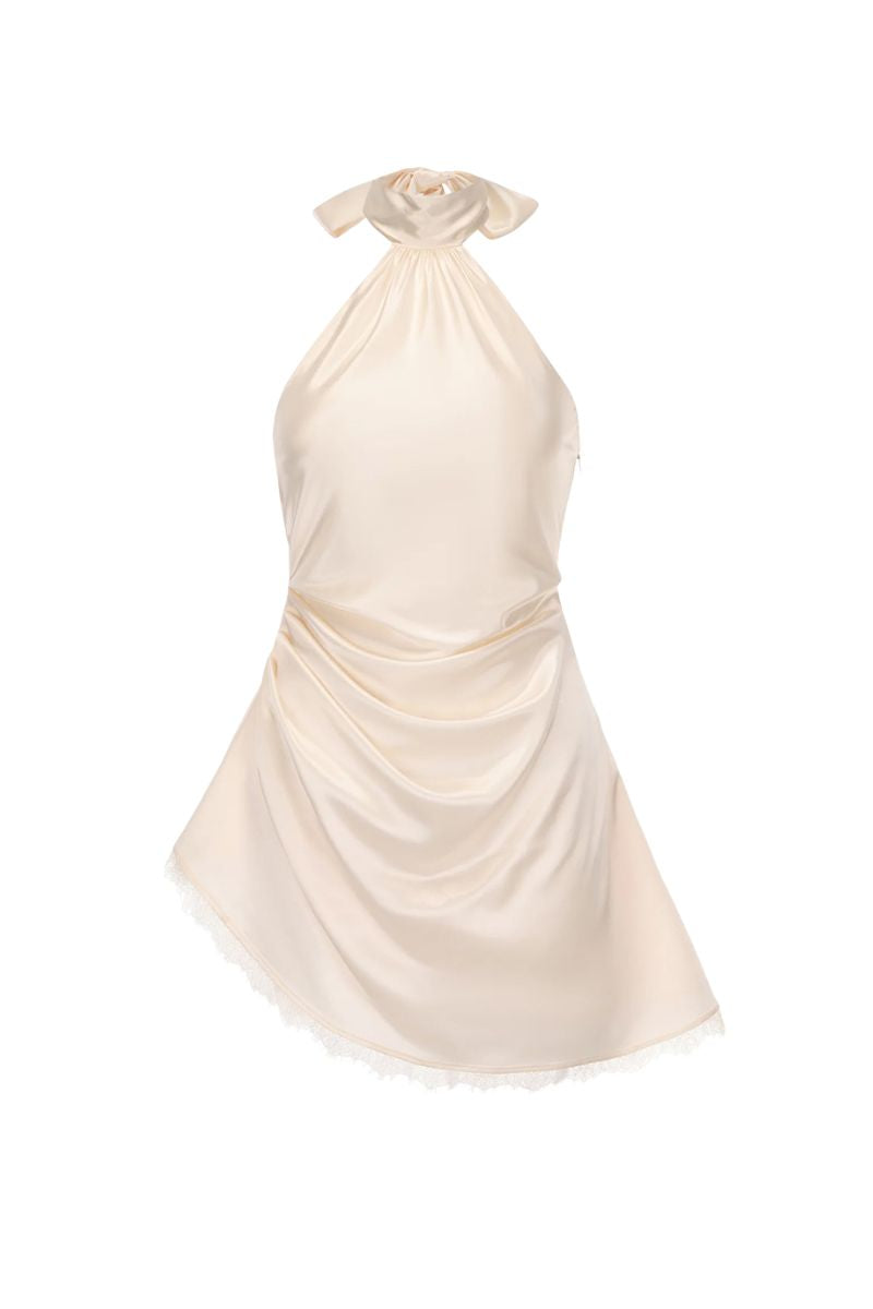 CEA BUTTER-CREAM SILK-SATIN BACKLESS HALTER-NECK MINI DRESS | CULT MIA | Serenity CEA BUTTER-CREAM SILK-SATIN BACKLESS HALTER-NECK MINI DRESS | CULT MIA | Serenity