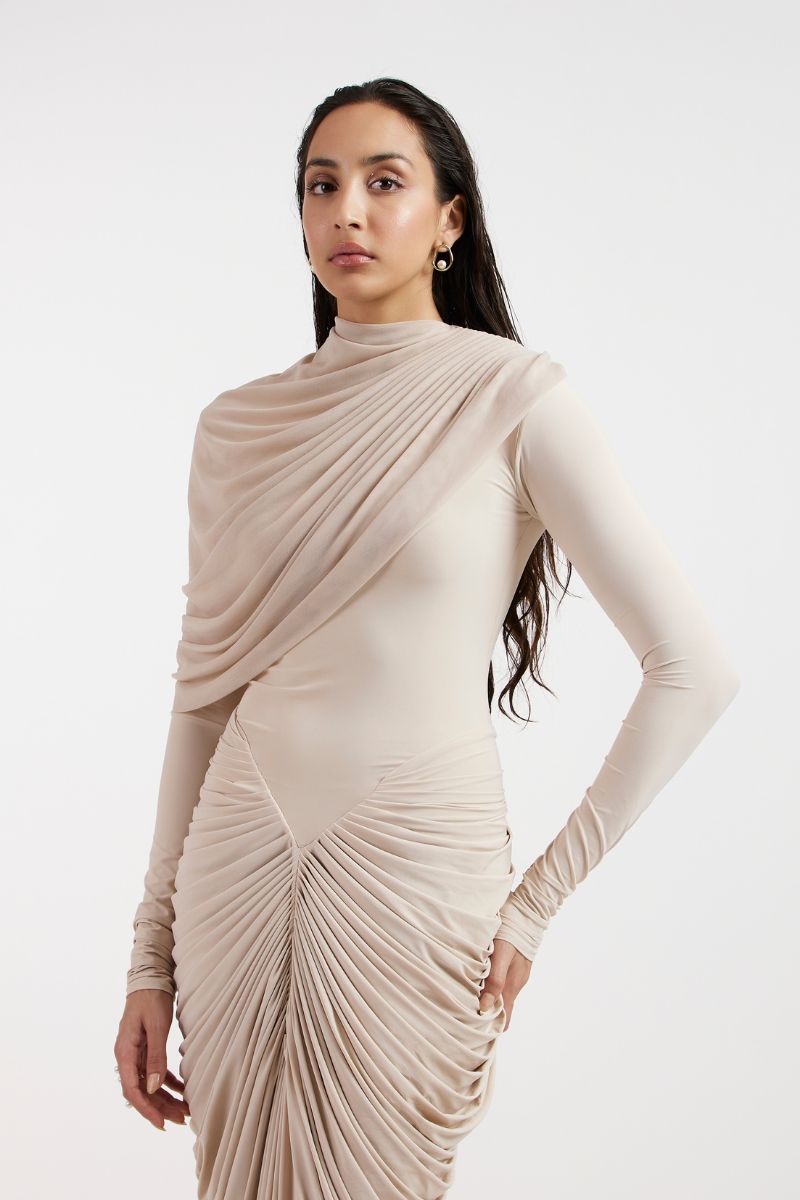 ELORA BEIGE DRAPED GOWN - CULT MIA