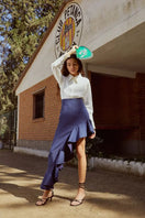 Señorita navy maxi skirt with flowing fabric and pleated design, full length and stylish for casual or dressy wear
