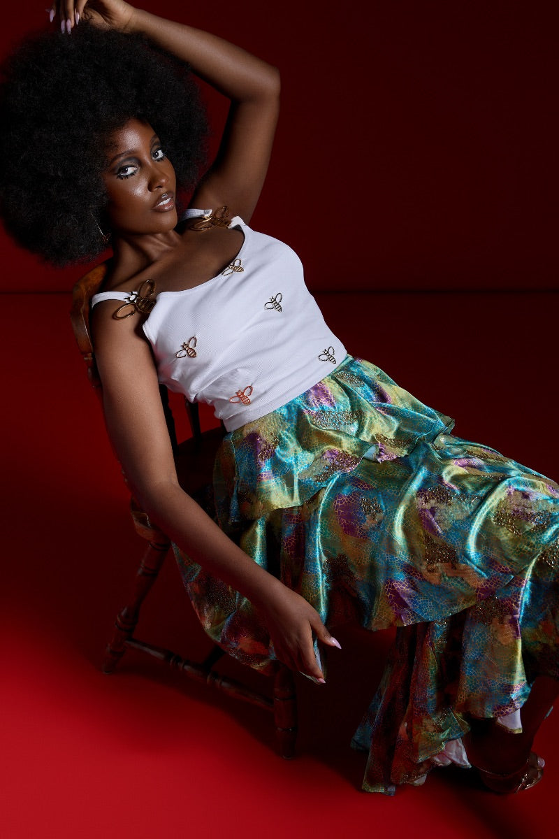 White Onalaja Bee Tank top, sleeveless design with a fitted silhouette, displayed on a plain background.