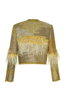 Lalo Avril jacket in gold, stylish women's jacket with a sleek design and shiny metallic finish, displayed on a hanger.