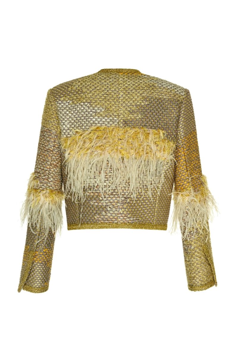 Lalo Avril jacket in gold, stylish women's jacket with a sleek design and shiny metallic finish, displayed on a hanger.