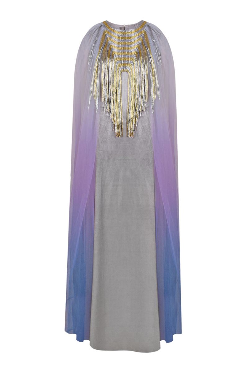 SILVER TRIANGULAR METALLIC TULLE KAFTAN - CULT MIA