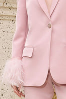 Baby pink Kelly taffeta feather suit co-ords set by 21Six featuring a jacket and matching pants, styled for a charming look.