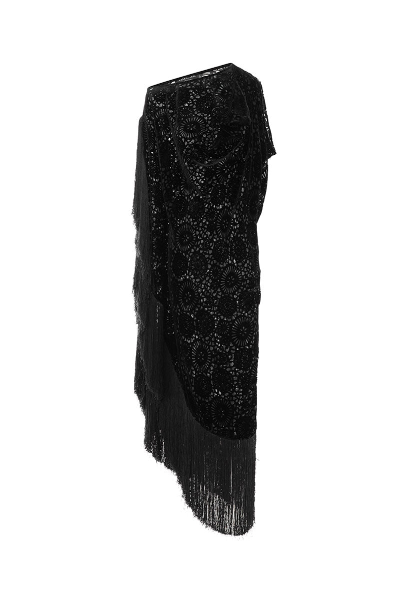 Black Valenciani draped gown with side fringe, featuring elegant flowing fabric and a stylish, modern silhouette.
