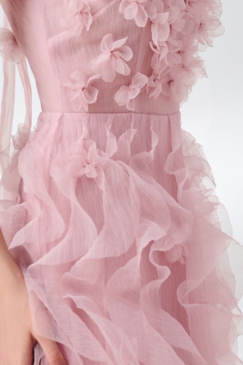 PINK LAYERED STONE ORGANZA FLORAL EMBELLISHED GOWN - CULT MIA