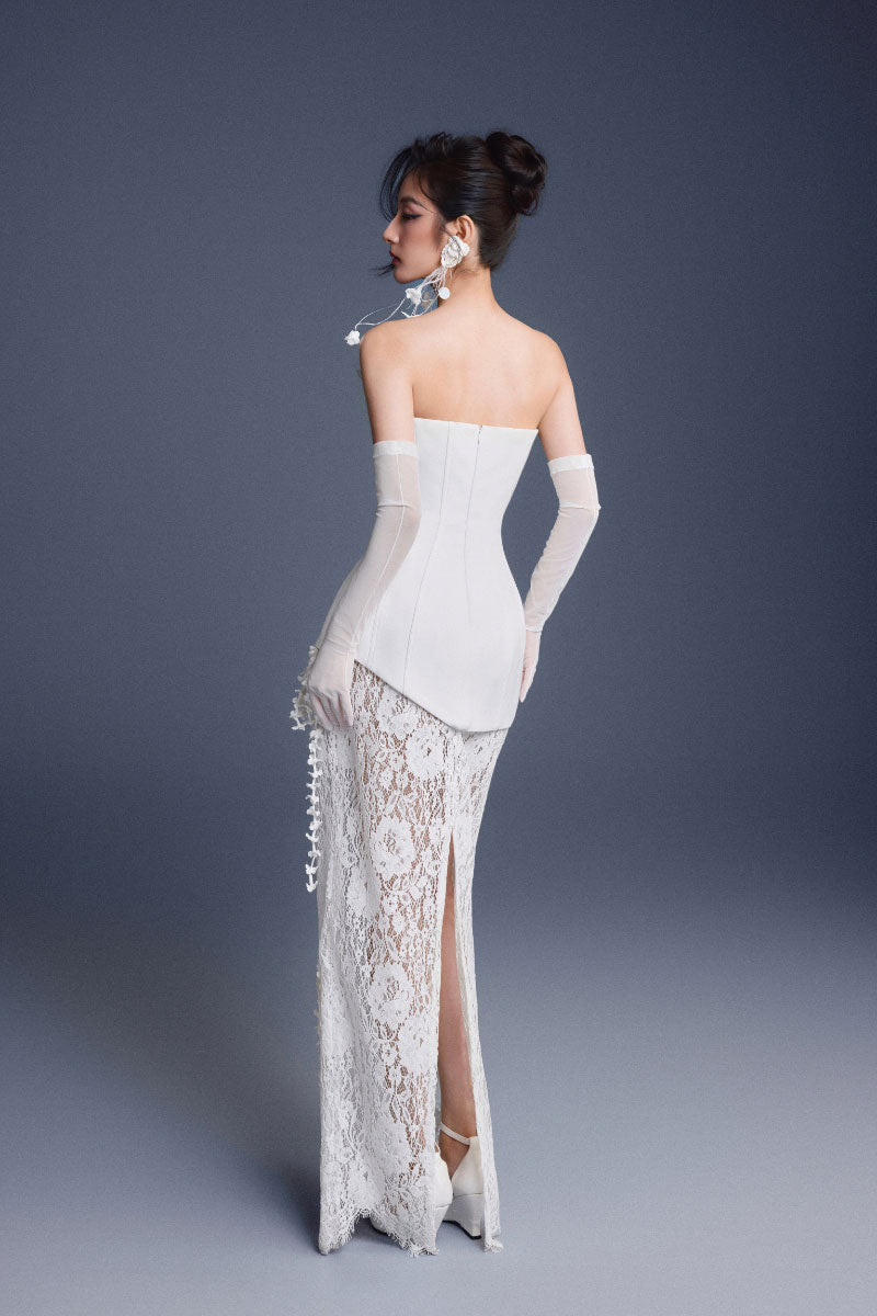 Keira Tong Bouquet Corset Lace Dress gown featuring intricate lace details and a fitted silhouette for elegant occasions.