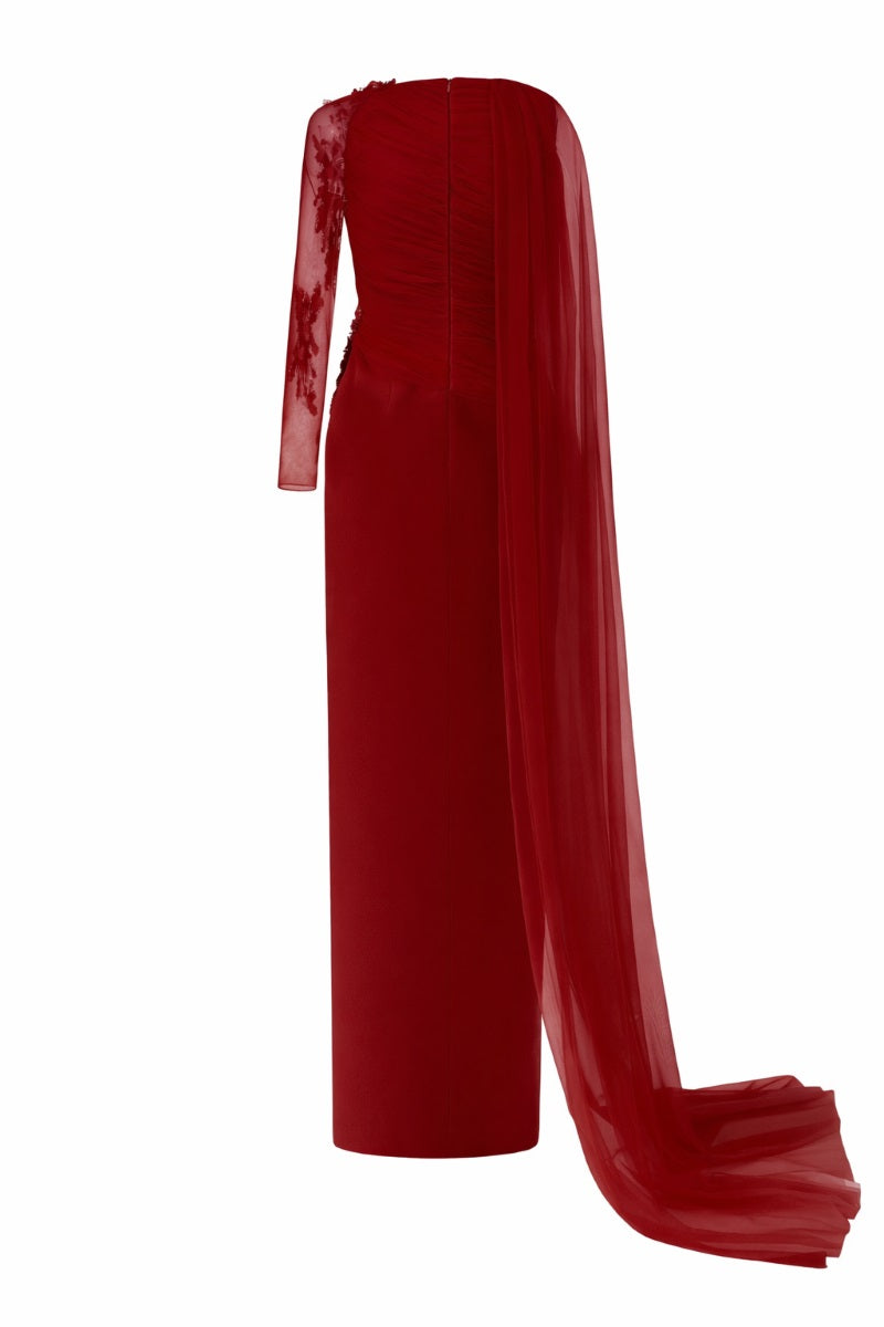 Red IRENA tulle and silk taffeta gown by 21Six, featuring elegant draping and a flowing silhouette.