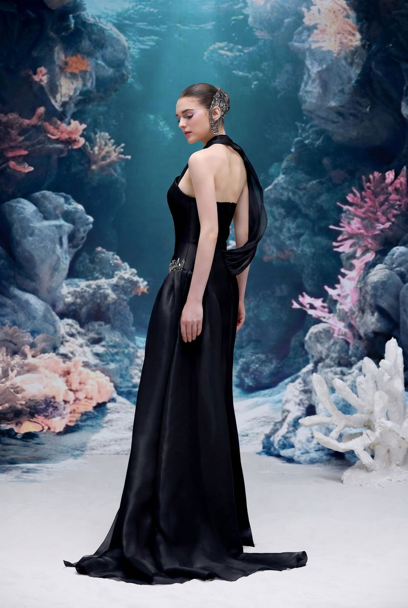 Black Leilani Royal Taffeta gown by 21Six, featuring elegant fabric and a sophisticated silhouette, perfect for formal occasions.