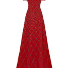 Le Thanh Hoa Scarlet Diamond Gown featuring a shimmering red fabric and elegant design, perfect for formal occasions.