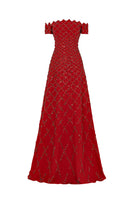 Le Thanh Hoa Scarlet Diamond Gown featuring a shimmering red fabric and elegant design, perfect for formal occasions.