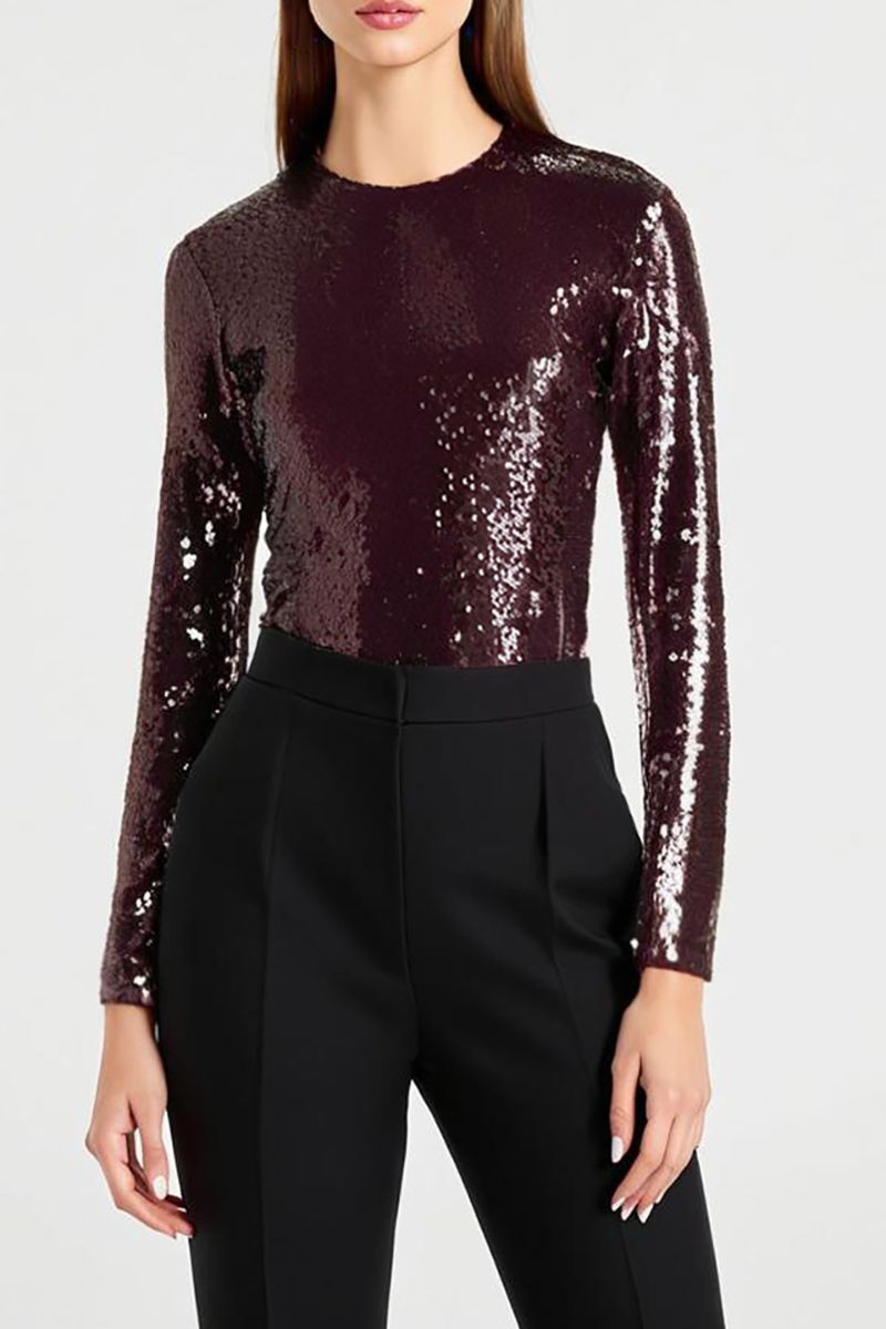 Burundy sequined top by SemSem featuring shimmering fabric and a stylish cut, perfect for evening or festive occasions.