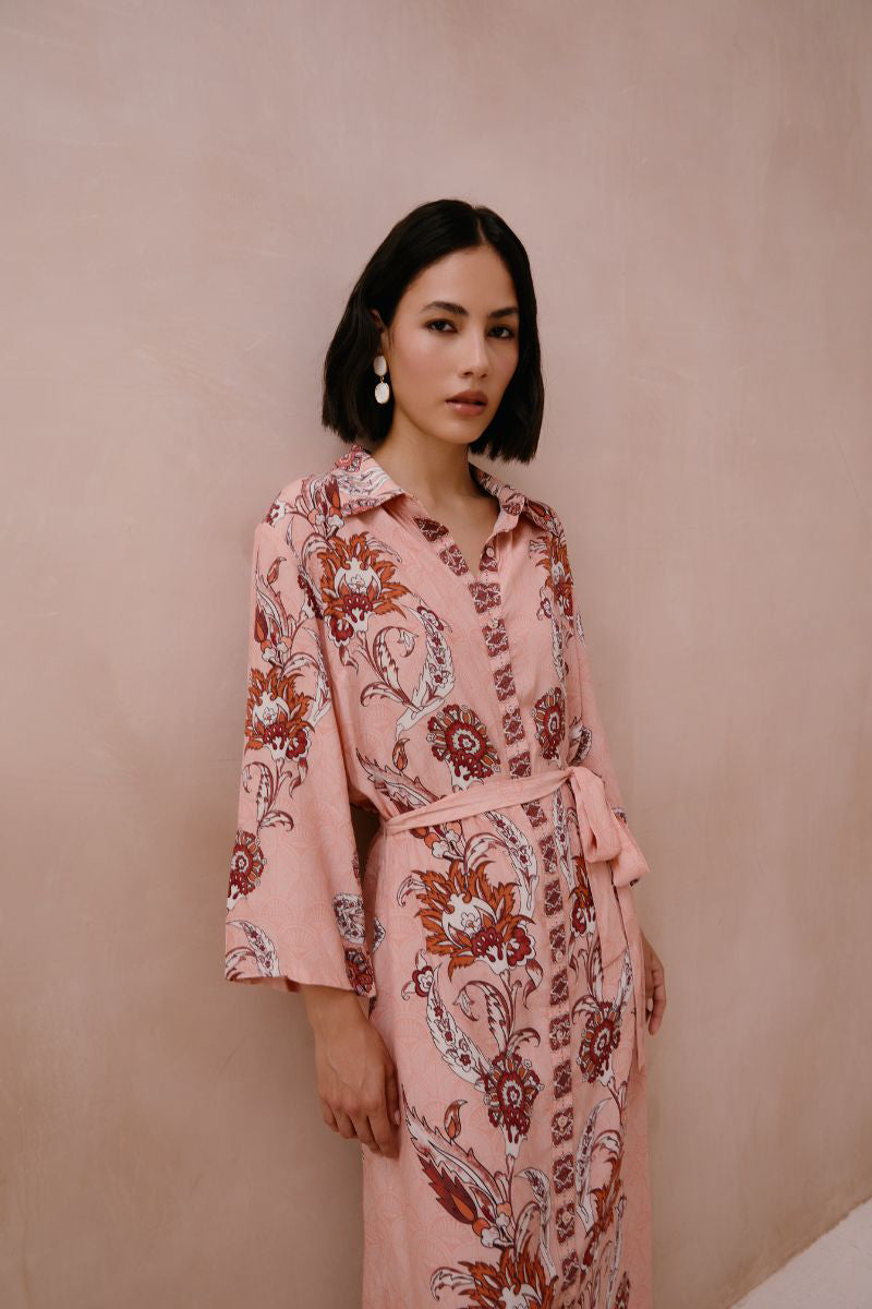 Raishma Sasha pink midi dress displayed on a hanger, featuring a fitted bodice and flowing skirt suitable for elegant occasions.