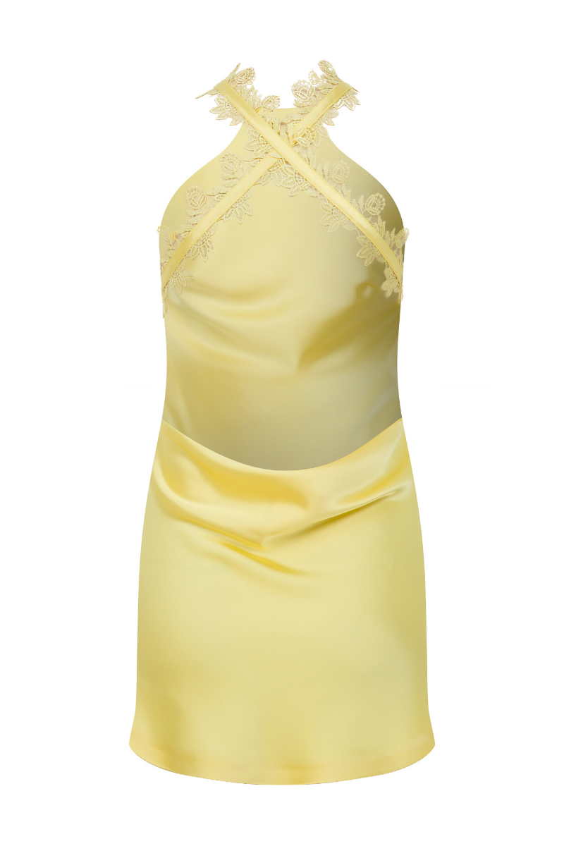 HALTER NECK MINI SATIN DRESS WITH LACE TRIMMINGS - CULT MIA