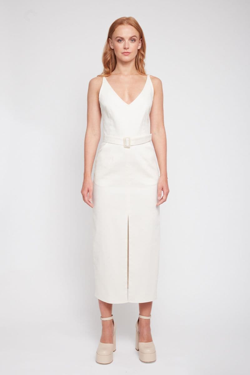 ALBERTA OFF-WHITE DENIM MIDI DRESS - CULT MIA