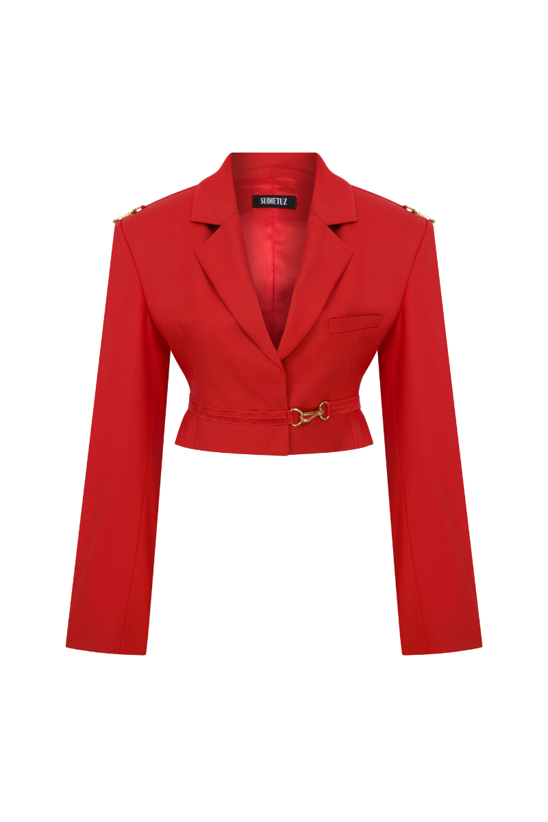 Sudi Etuz cropped jacket with removable faux fur sleeves, stylish outerwear featuring a modern design and cozy faux fur accents.