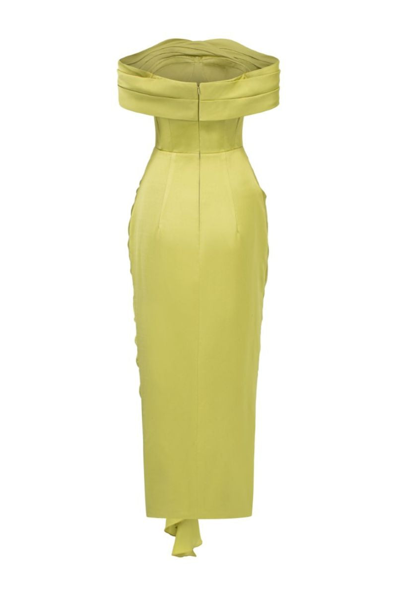 NAAVA GREEN SILK SATIN OFF-SHOULDER MIDI DRESS - CULT MIA