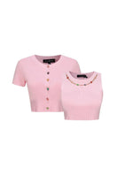 Nana Jacqueline Kennedy pink knit top set, featuring a cozy knit top with long sleeves and matching pants, stylish and comfortable.