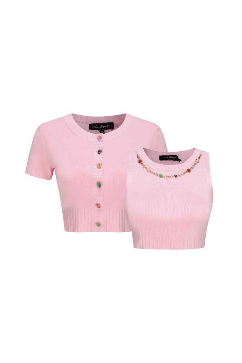 Nana Jacqueline Kennedy pink knit top set, featuring a cozy knit top with long sleeves and matching pants, stylish and comfortable.